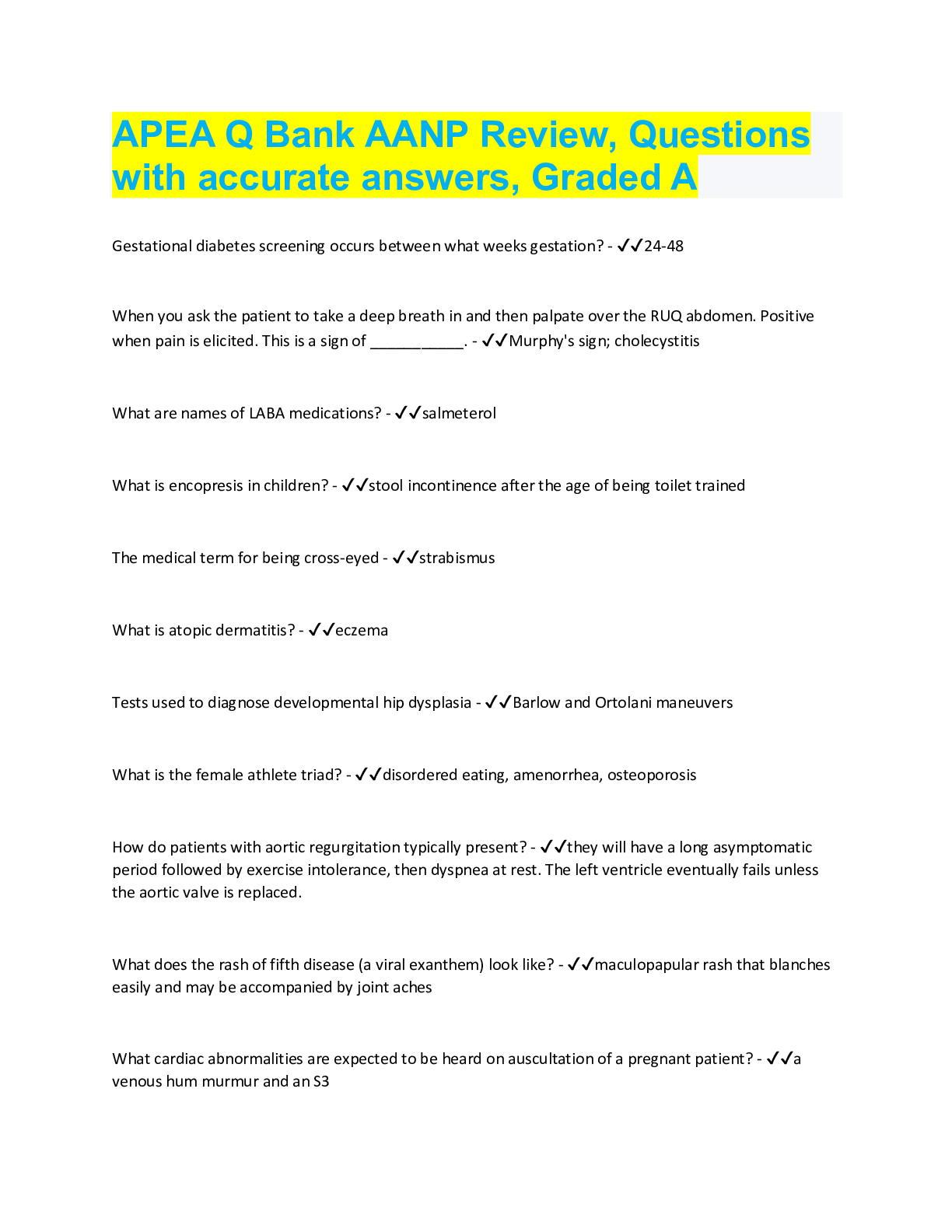 Preview image for APEA Q Bank AANP Review, Questions with accurate answers, Graded A